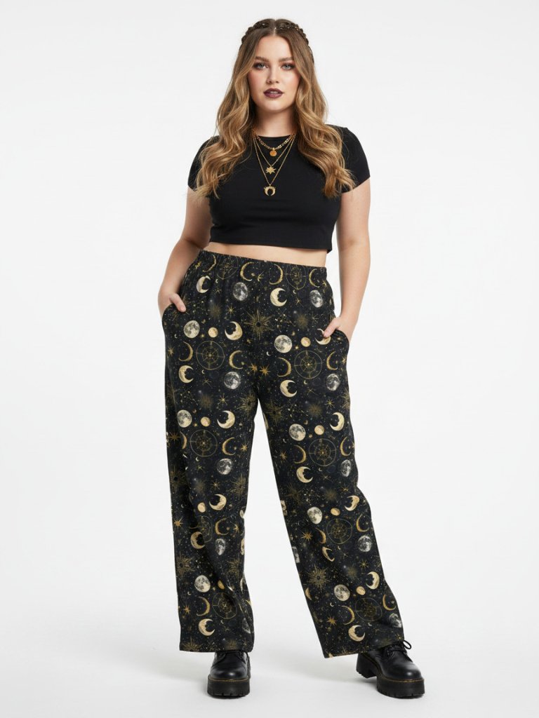 Whimsigoth Celestial Sun Moon Stars Wide Leg Lounge Pants With Pockets